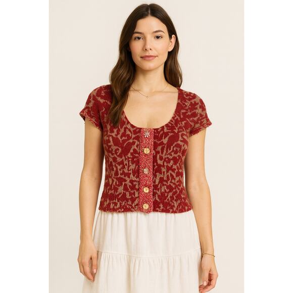 Free People Burnout Rabbit Knit Button Up Cropped Cardigan Medium Red Boho Fairy - Picture 1 of 6